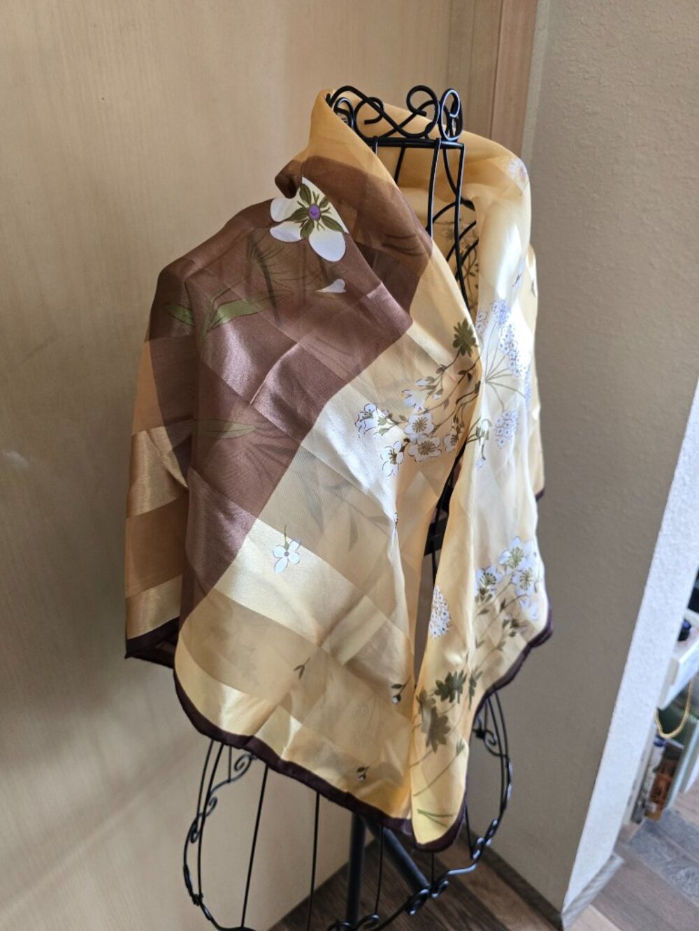 Beautiful Gold-Ivory-Green-Brown 39"x40" Floral Scarf - Picture 11 of 11